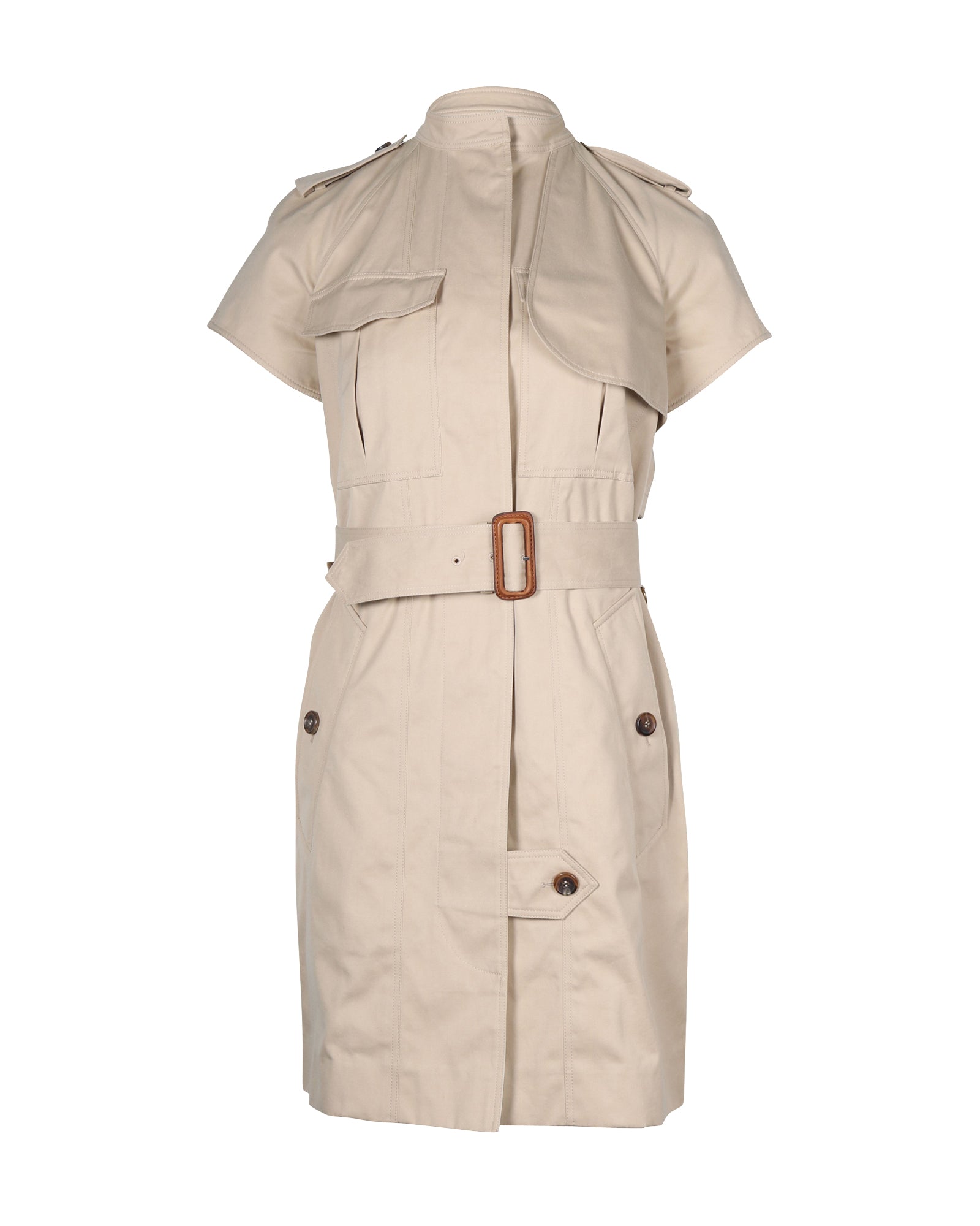 image of Celine Short Sleeved Trench Coat Dress in Beige Cotton