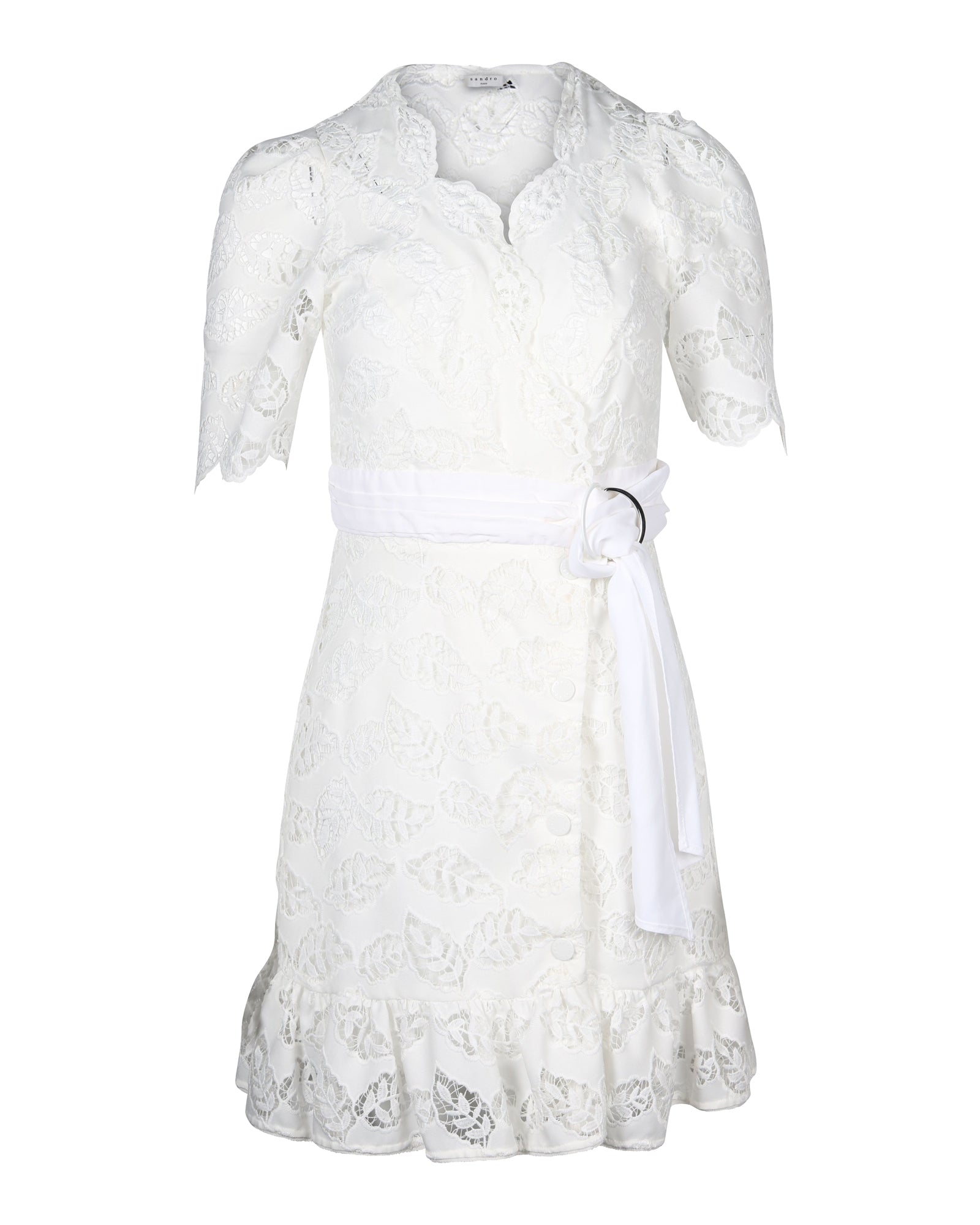 image of Sandro Paris Zany Gathered Broderie Anglaise Mini Wrap Dress in White Polyester