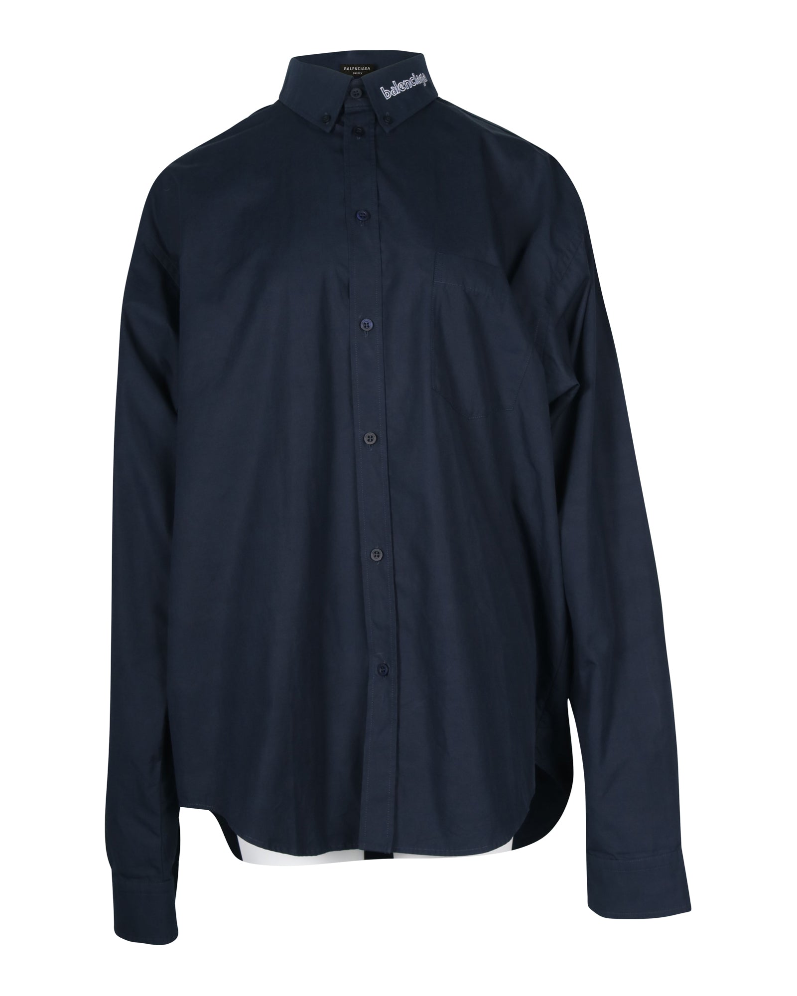 Image of Balenciaga Long Sleeve Button Front Shirt in Dark Navy Blue Cotton