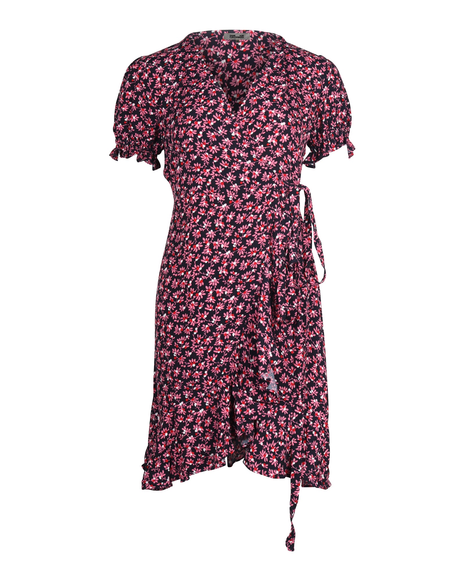 Image of Diane Von Furstenberg Puffed Sleeve Wrap Dress in Pink Floral Print Viscose