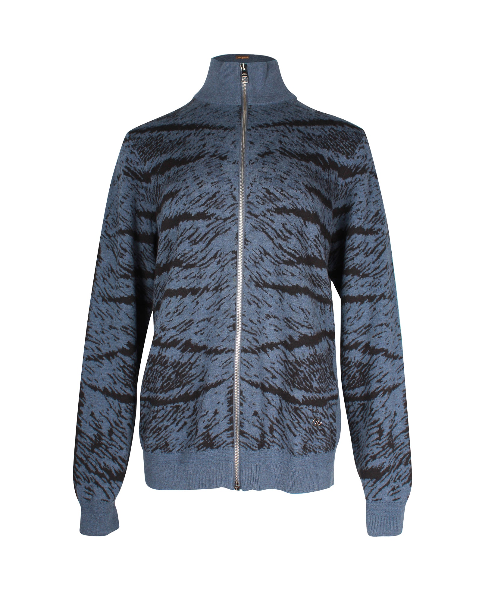 image of Louis Vuitton Animal Print Zip Front Cardigan in Blue Wool