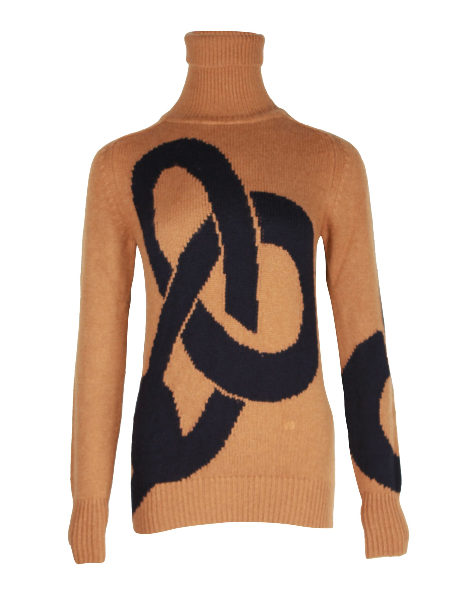 image of Victoria Beckham Chain Intarsia Turtleneck Sweater in Camel Cashmere