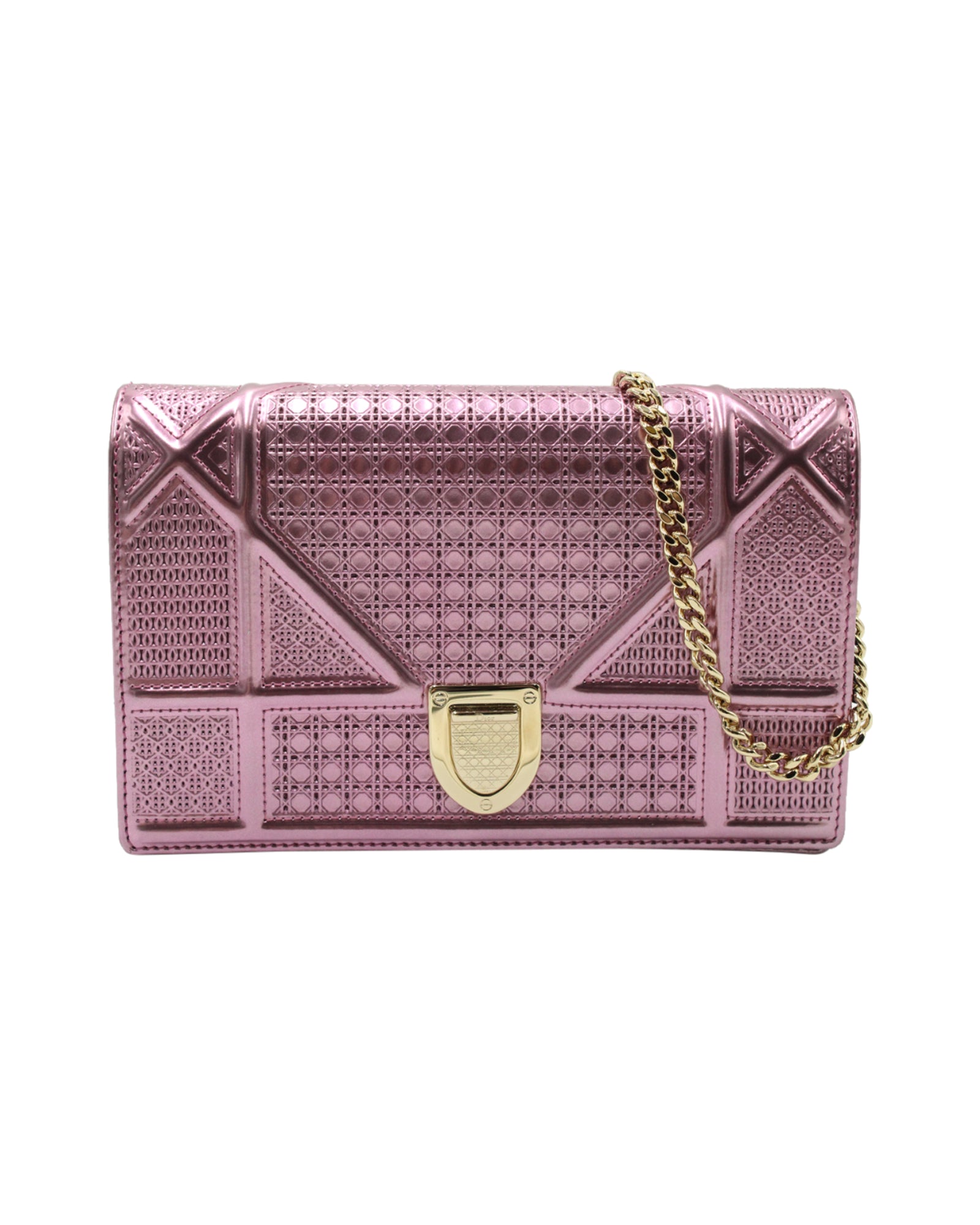 image of Christian Dior Diorama Wallet on Chain in Metallic Pink Metallic Leather