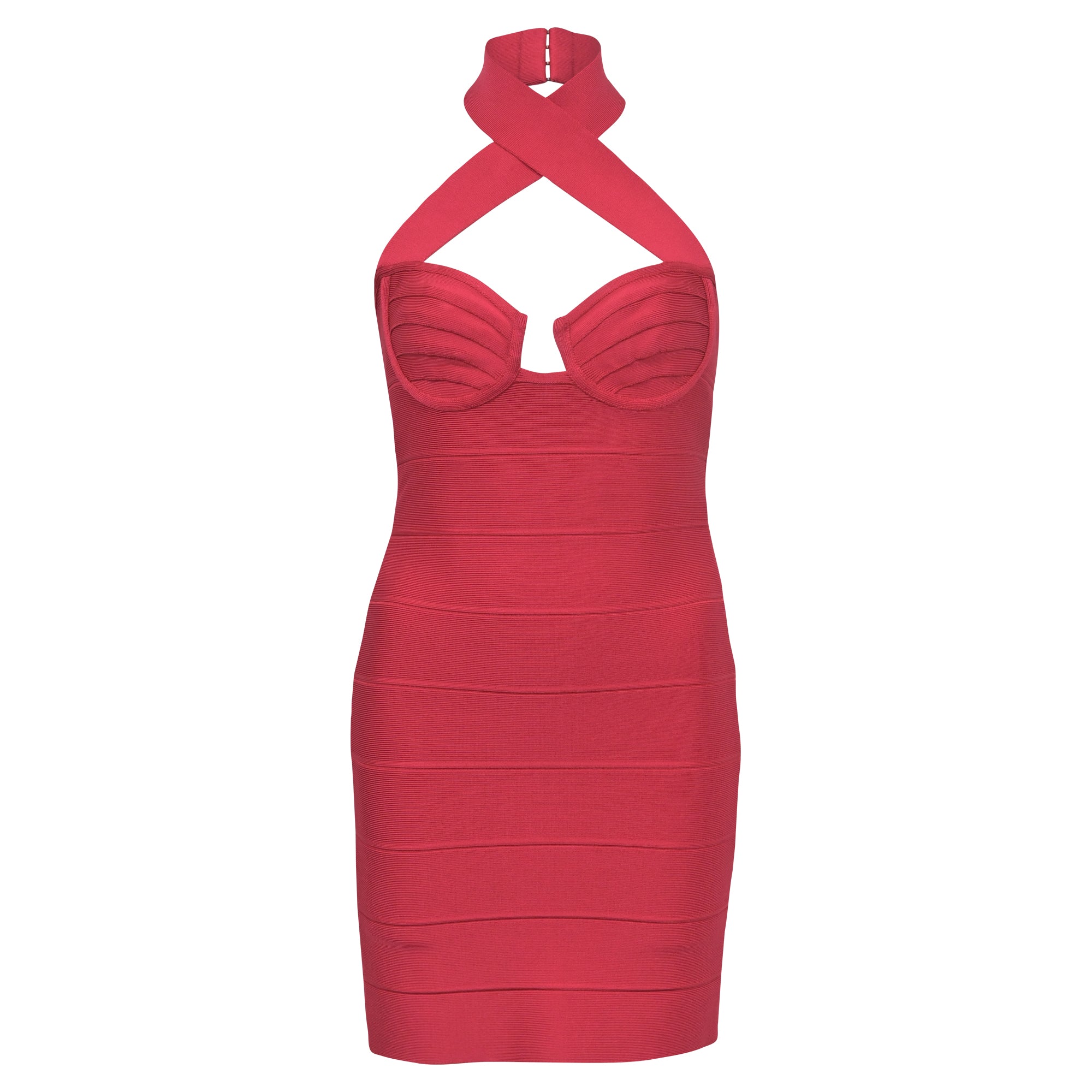 image of Herve Leger Halter Neck Bodycon Dress in Red Polyester