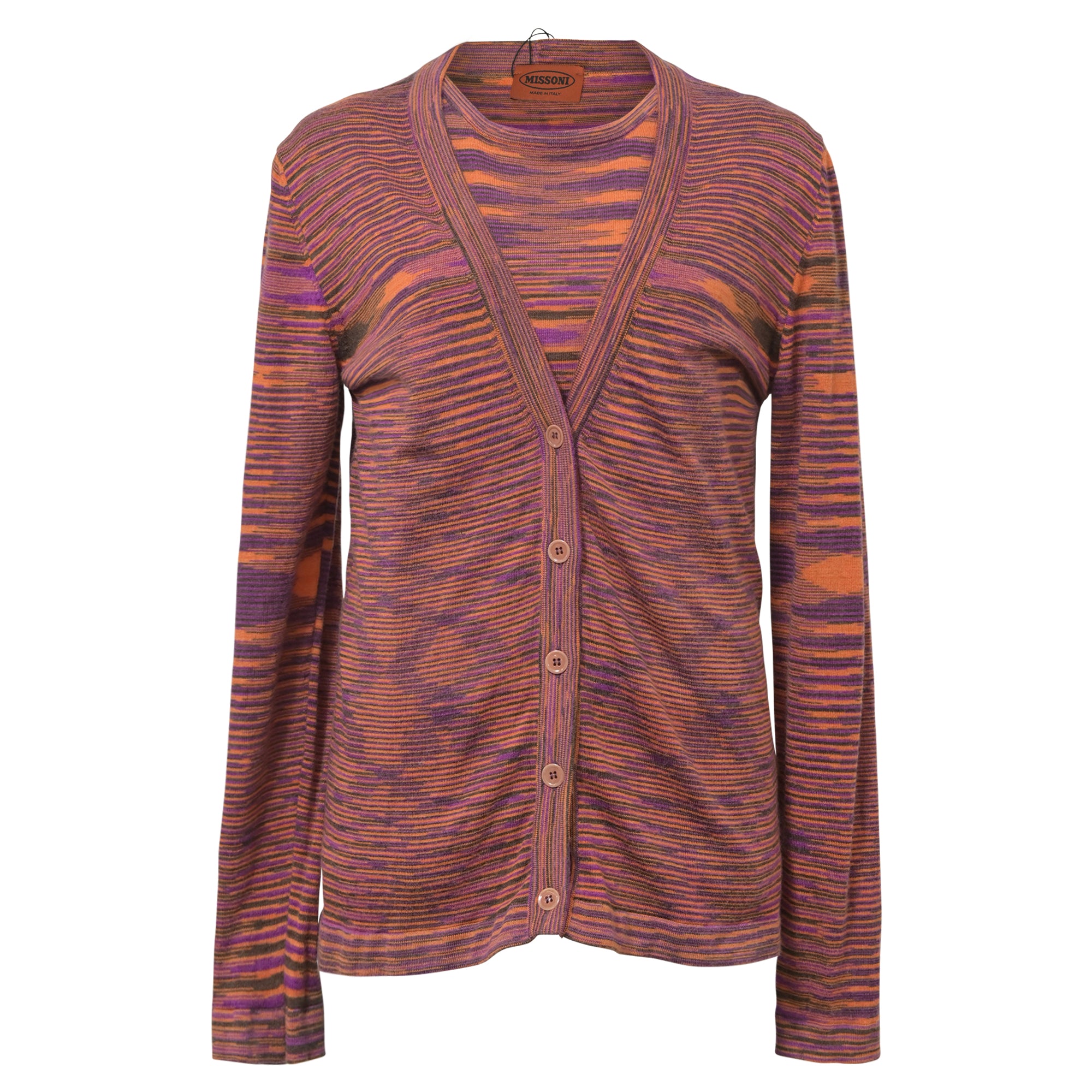 image of Missoni Twin Set Crew Neck Cardigan in Red and Orange Striped Wool