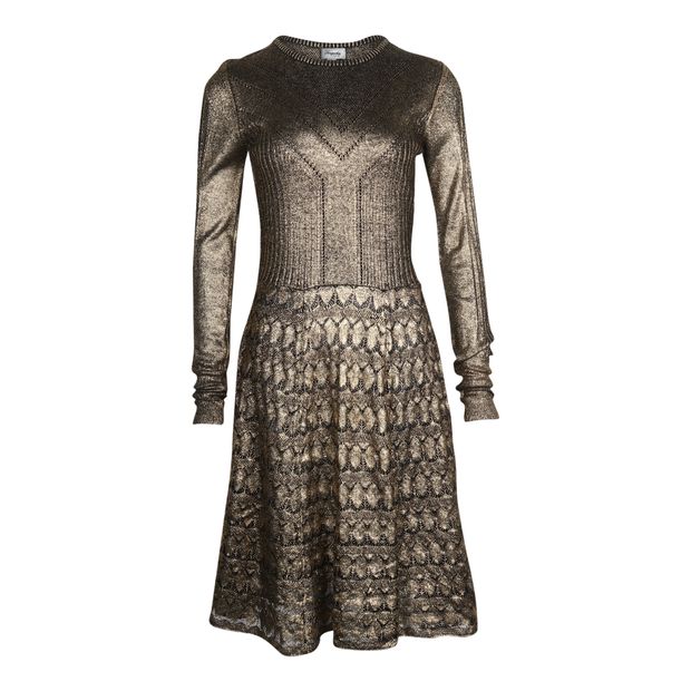 image of Temperley London Knitted Long Sleeve Dress in Metallic Gold Wool