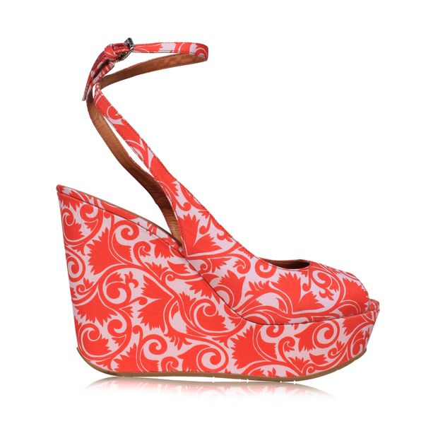 image of CONTEMPORARY DESIGNER Pink Printed SatinÂ Wedges Sandals With Peep-Toe