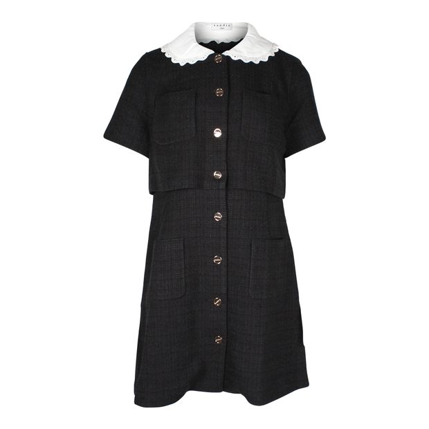 image of Sandro Paris Scalloped Collar Faustine Short Dress in Black Tweed