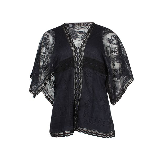 image of Chloe Draped Sleeves Lacey Blouse in Navy Blue Cotton