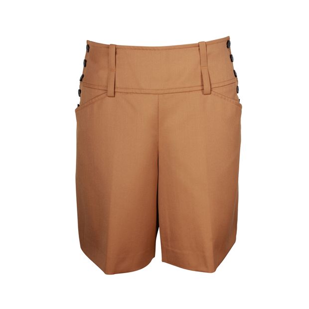 image of Hermes Side Button Above Knee Shorts in Camel Brown Wool