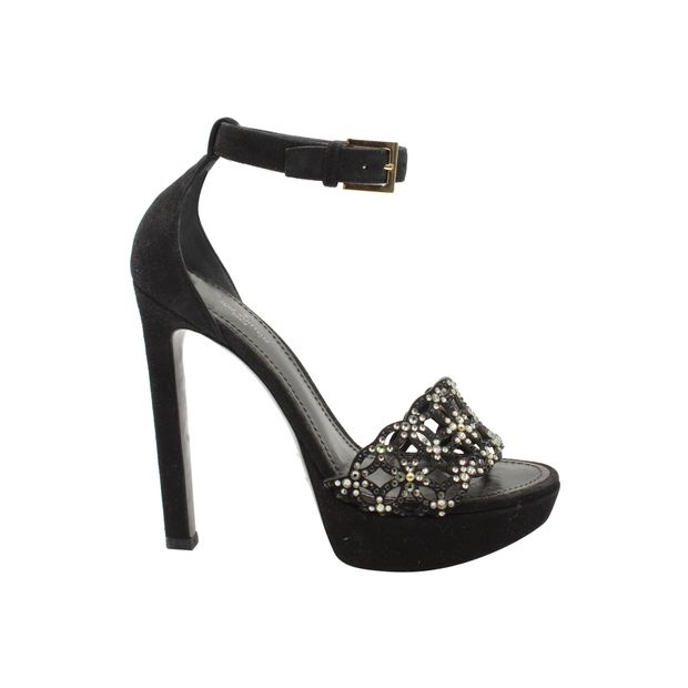 image of Crystal Embellishment Black Suede Heels