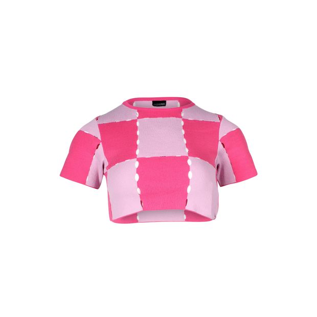 image of Jacquemus Patchwork Ribbed Crop Top in Pink Cotton