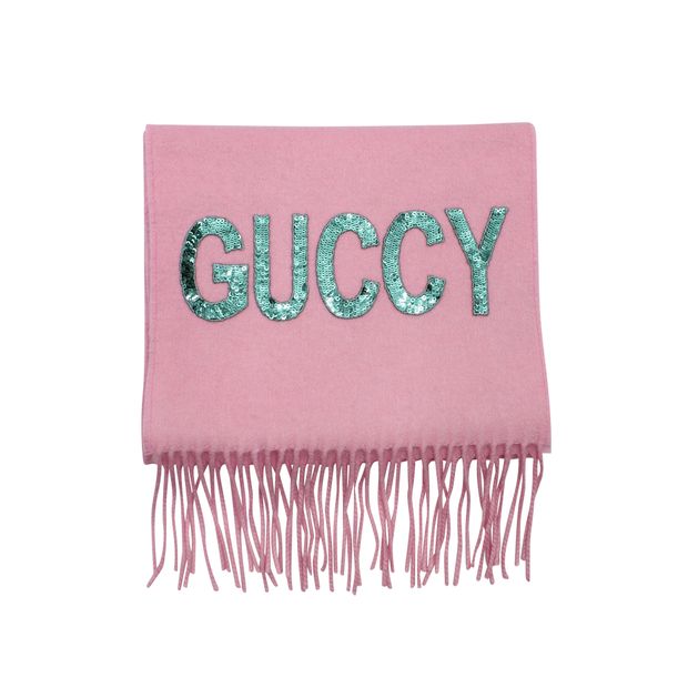 image of Gucci Fringed Sequins Embellished Scarf in Pink Silk and Cashmere-Blend