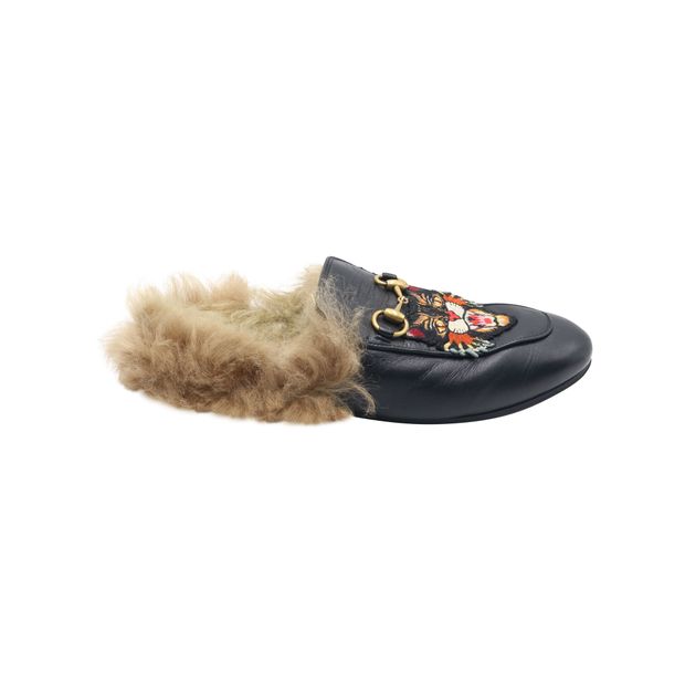 image of Gucci Princetown slippers with Angry Cat AppliquÃ© in Black Leather