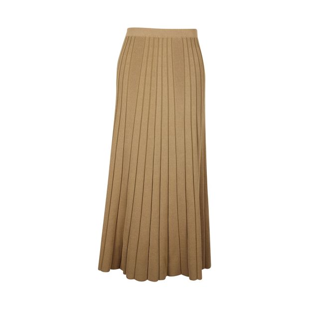 Image of Sandro Paris Ribbed Pleated Midi Skirt in Khaki Viscose