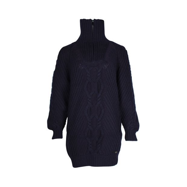 image of Chanel Cable Knit Long Sleeve Sweater Dress in Navy Blue Wool