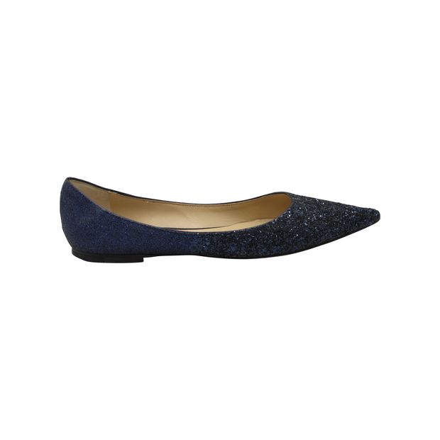 image of Jimmy Choo Glitter Love Pointed Ballet Flats in Blue Leather