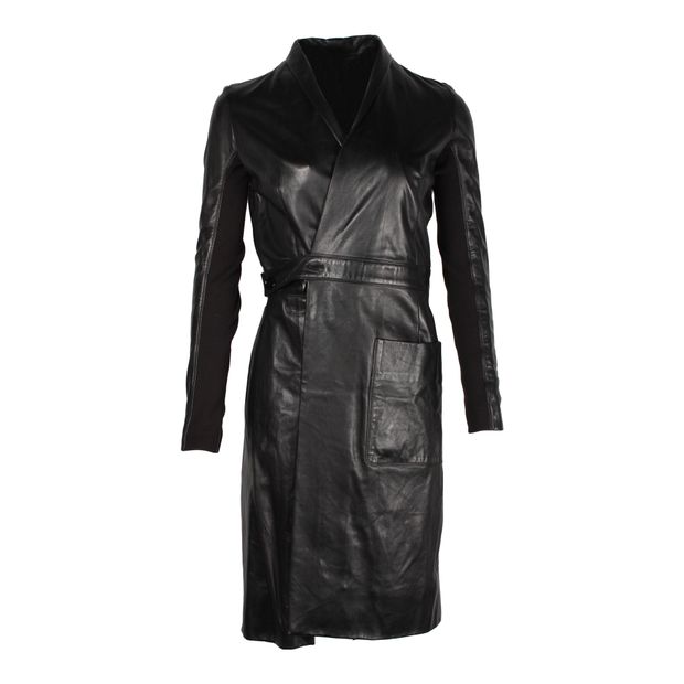 image of Rick Owens Belted Coat in Black Leather