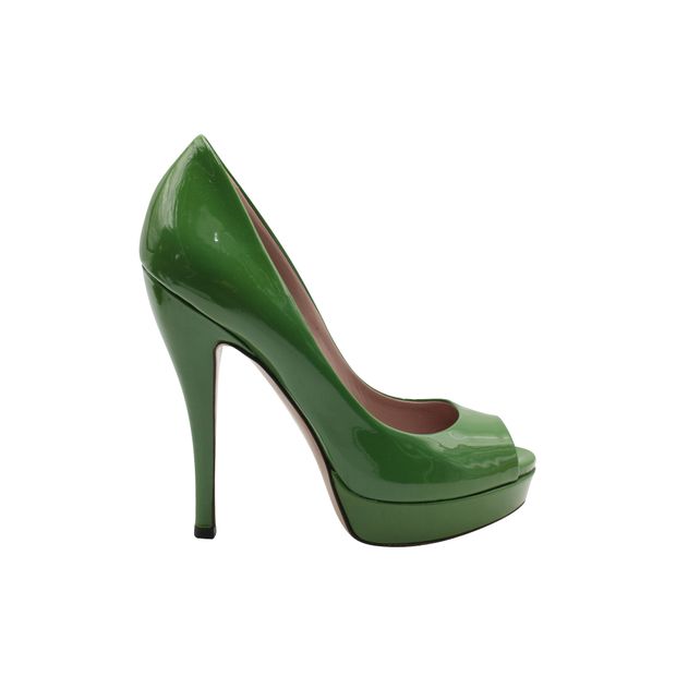 image of Gucci Peep-Toe High Heel Pumps in Green Patent Leather