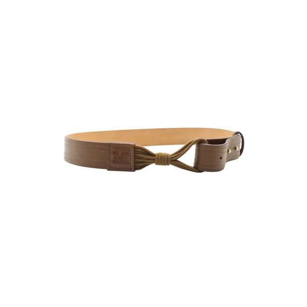 image of Contemporary Designer Maxmara Brown Leather/ Fabric Waist Belt With Knot