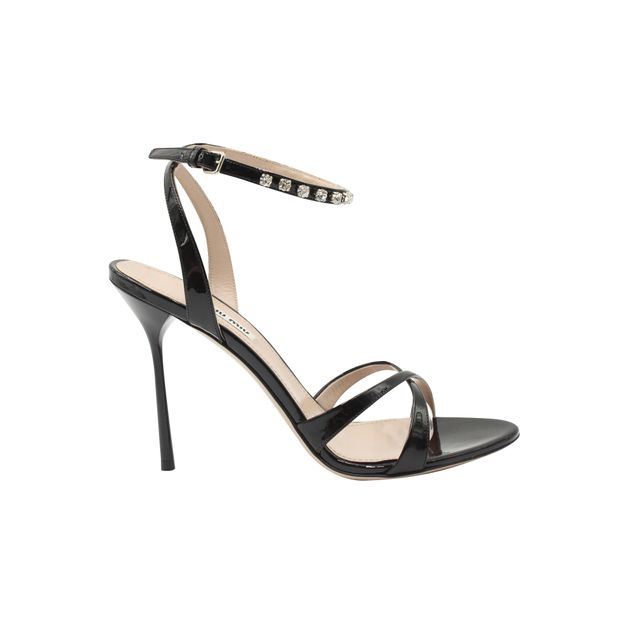 Image of Miu Miu Calzature Donna Crystal Embellished Sandals in Black Patent Leather