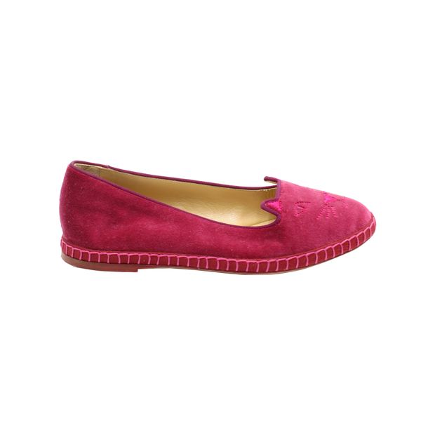 Image of Charlotte Olympia Kitty Espadrilles in Raspberry Red Velvet