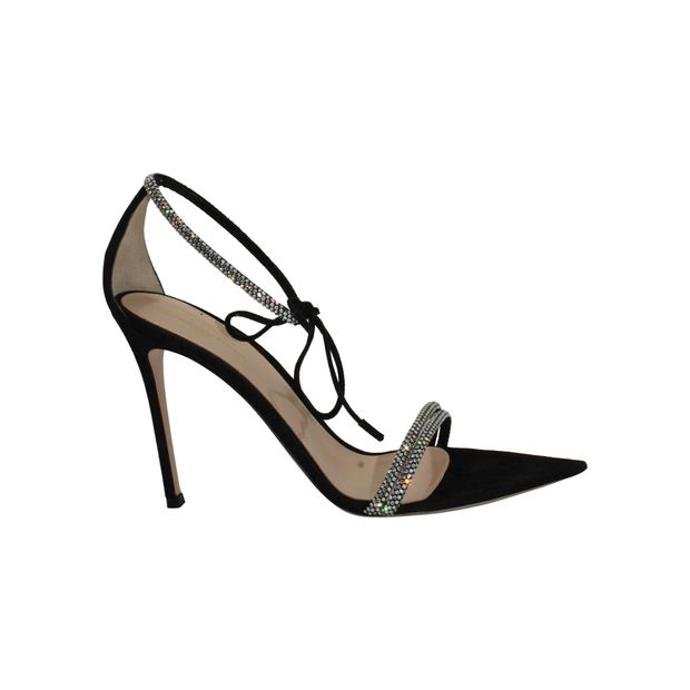 image of Gianvito Rossi Montecarlo 105 Crystal Embellished Sandals in Black Suede