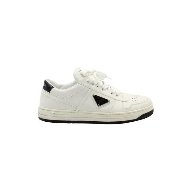 image of Prada Downtown Perforated Sneakers in White Leather