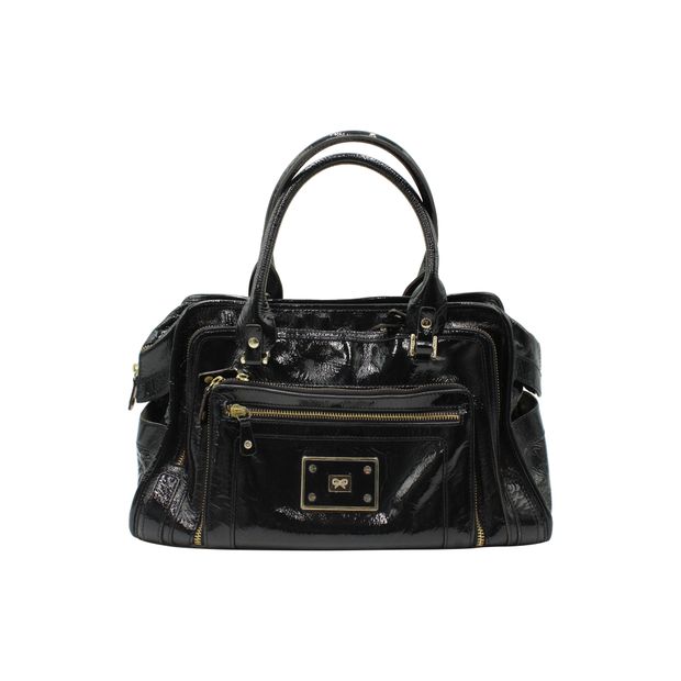 Image of Anya Hindmarch Shirley Satchel in Navy Blue Patent Leather