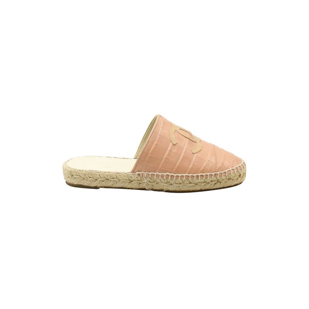 Image of Chanel Logo Espadrille Mules in Pink Leather