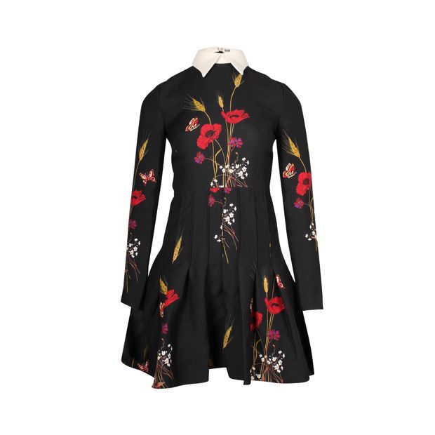 Image of Valentino Garavani Collared Long Sleeve Mini Dress in Floral Print Black Wool