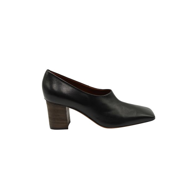 image of Celine Square-Toe Block Heel Shoes in Black Leather