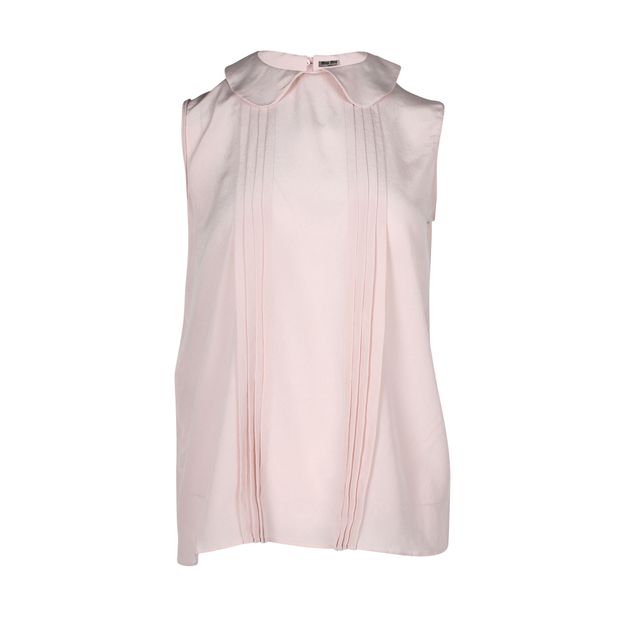 image of Miu Miu Peter Pan Collar Sleeveless Blouse in Pastel Pink Silk