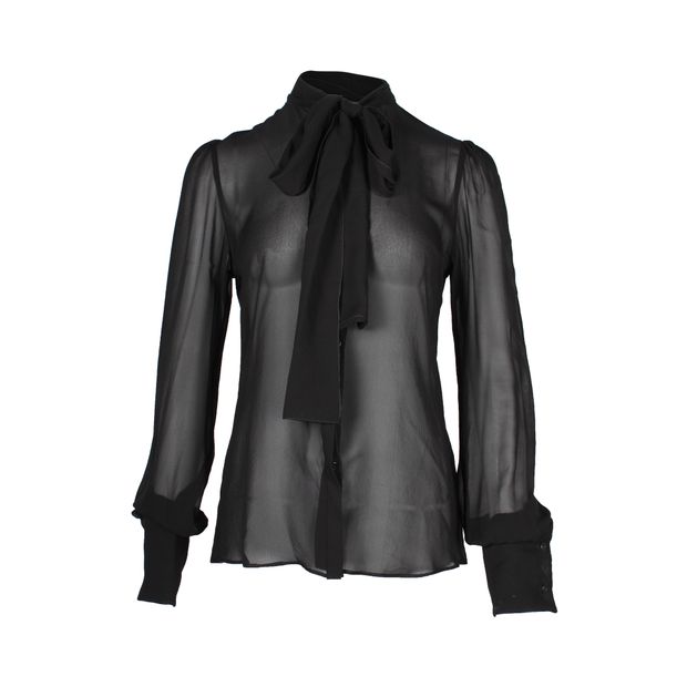 image of Dolce & Gabbana Sheer Pussy Bow Shirt in Black Silk