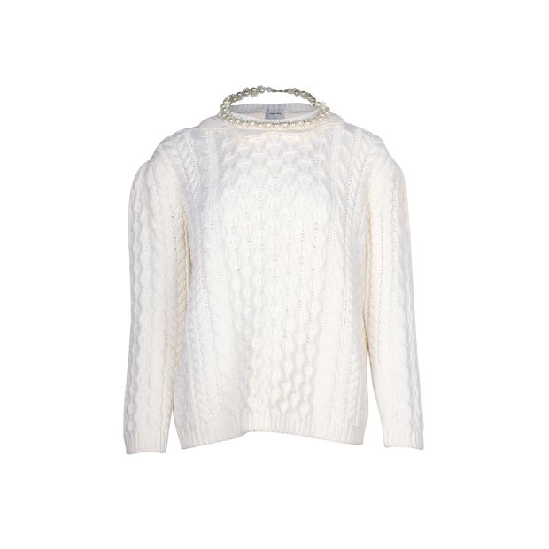 image of Simone Rocha Knitted Sweater with Pearl Necklace in Ivory Wool