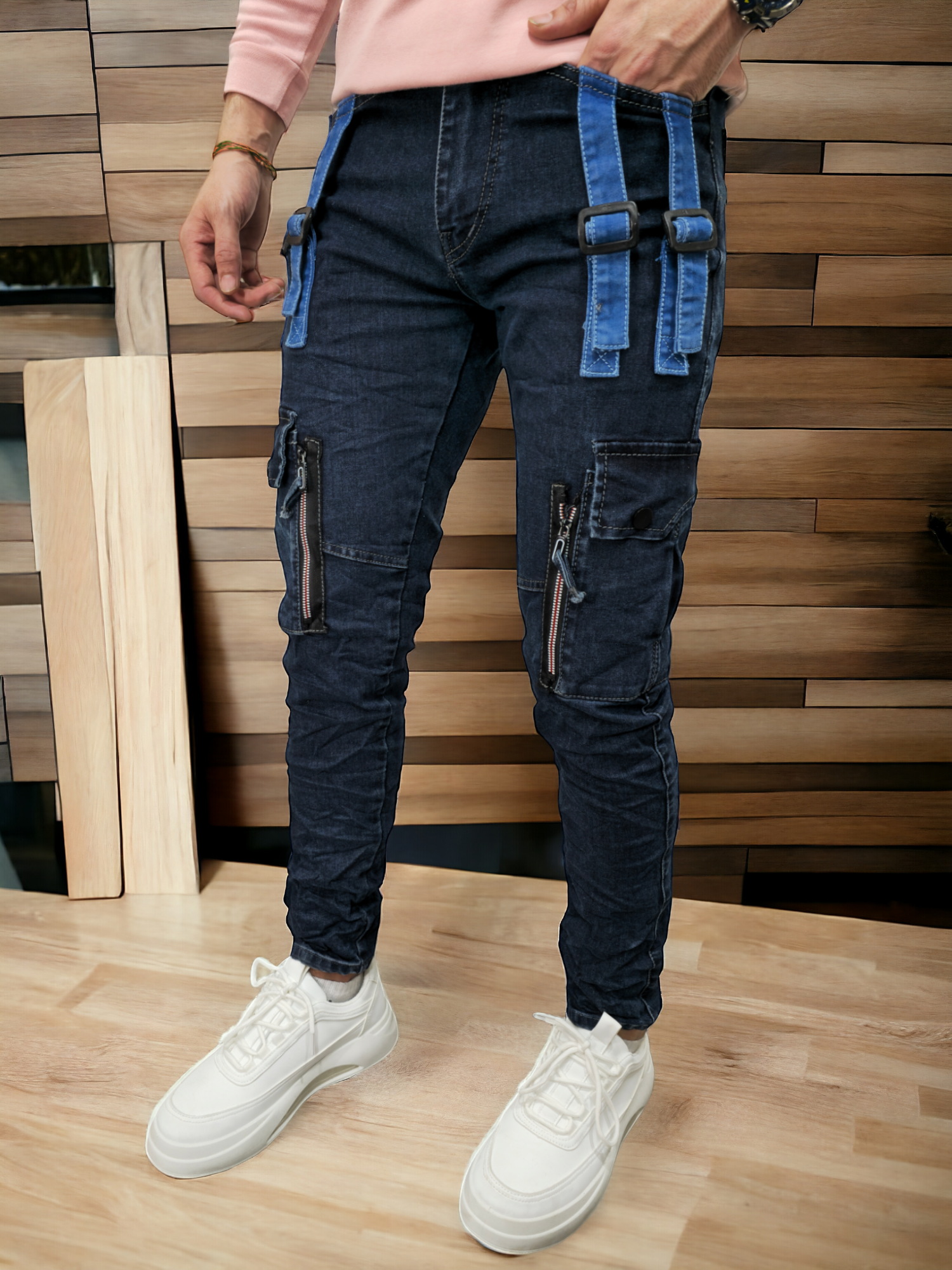 Urban Classics Men Cargo Jeans Pants 6-Pockets rinsed wash black