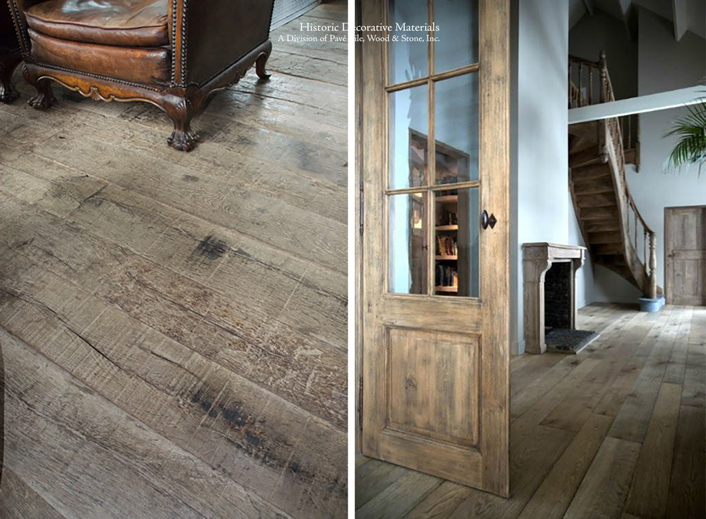 Antique French oak flooring resembles antiqued French oak flooring that is perfect for English country homes, French and Belgian farmhouse interiors, cottage style for kitchen floors, entry ways.