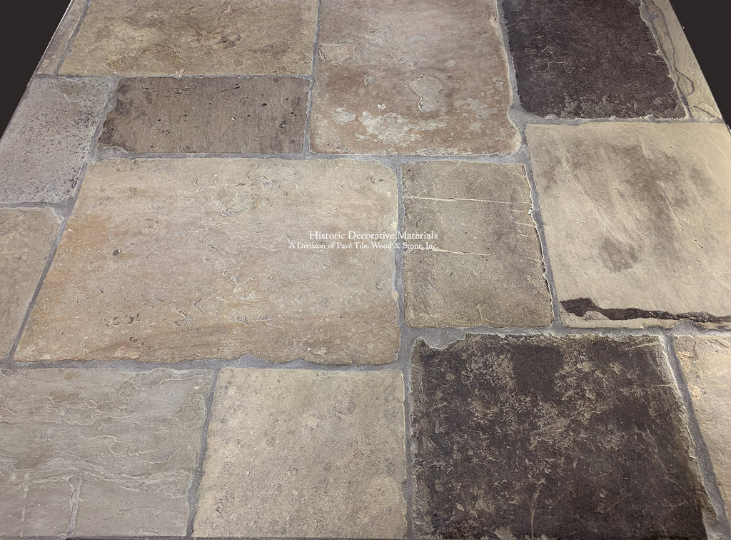 Antique or Reclaimed English Limestone Flooring marries with antique French limestone, antique Belgian bluestone and antique French oak flooring for country farmhouses, French, Belgian interiors and cottage interiors