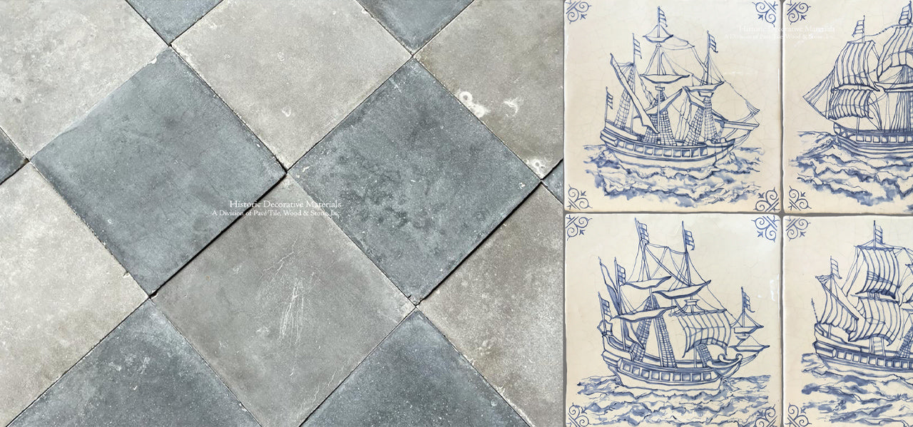 Antique Delft tiles are hand made and hand painted glazed blue and white tiles. Delft tiles marry with antique reclaimed French limestone floors, antique cement tiles, reclaimed French oak flooring and antique Belgian bluestone floors.