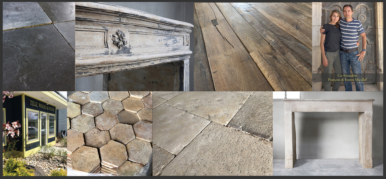 Pave Tile, Wood & Stone, Inc. Showroom showcasing reclaimed French Limestone, Reclaimed Belgian Bluestone, French Oak Flooring, Delft Tiles, Zellige Tiles, French reclaimede terra cotta tiles