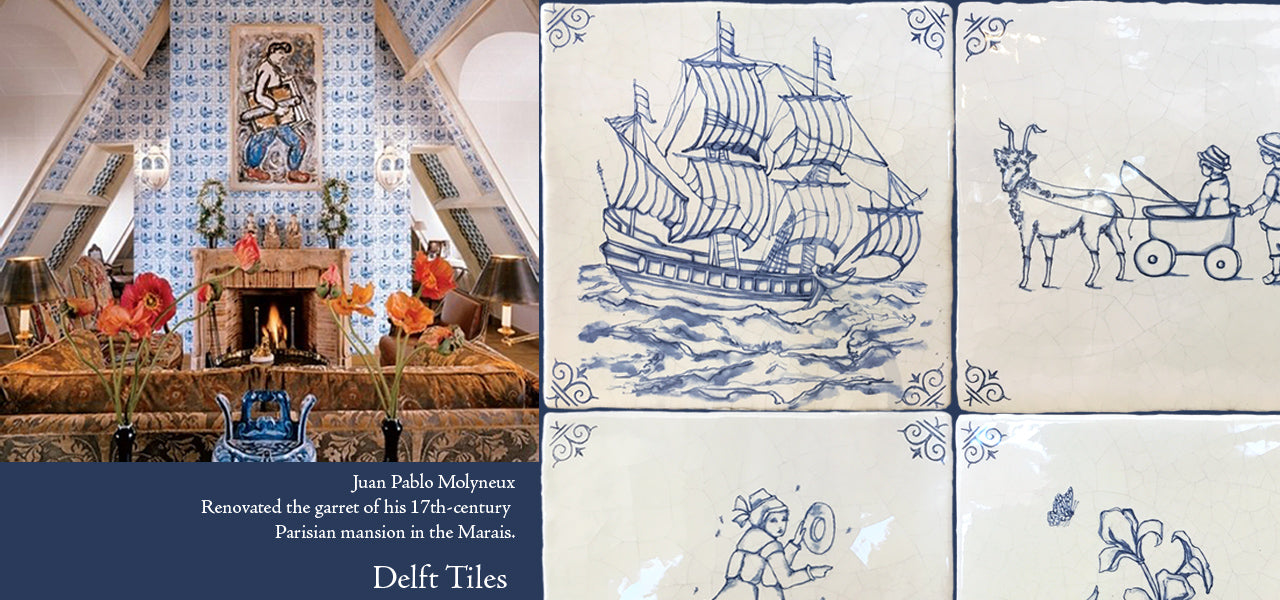 Delft Tiles and Antique Delft Tiles are famous blue and white Delft Tiles that are hand painted with a Dutch blue glaze used to decorate kitchen  backsplash, fireplace surrounds and bathrooms  with Delft Tiles and Antique Delft tiles and Decorative Blue and White Delft Tiles and Dutch Tiles