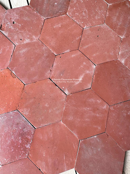 French reclaimed terra cotta tile tomette hexagons installed in farmhouse interiors, country homes and old house love