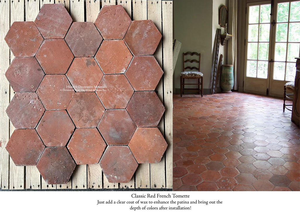 French reclaimed terra cotta tile tomette hexagons installed in farmhouse interiors, country homes and old house love