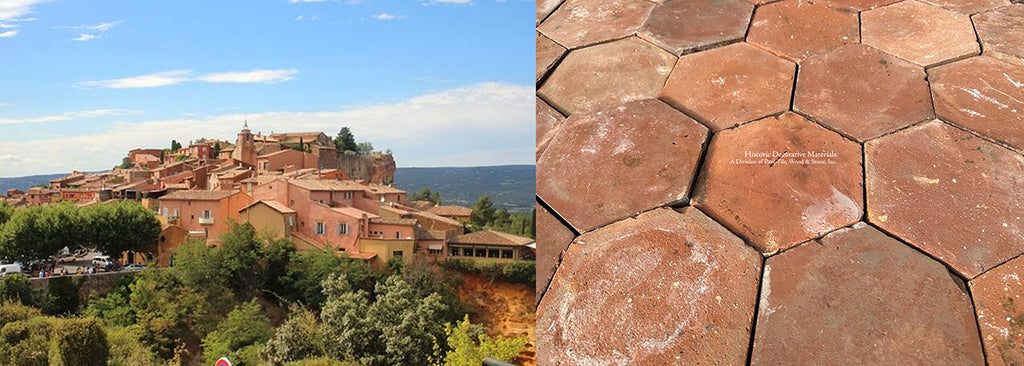 Antique French terra cotta tiles that are French reclaimed hexagon terra cotta tiles for farmhouse interiors, cottage interiors, shaker interiors, grand millennial interiors and English Georgian interiors.,