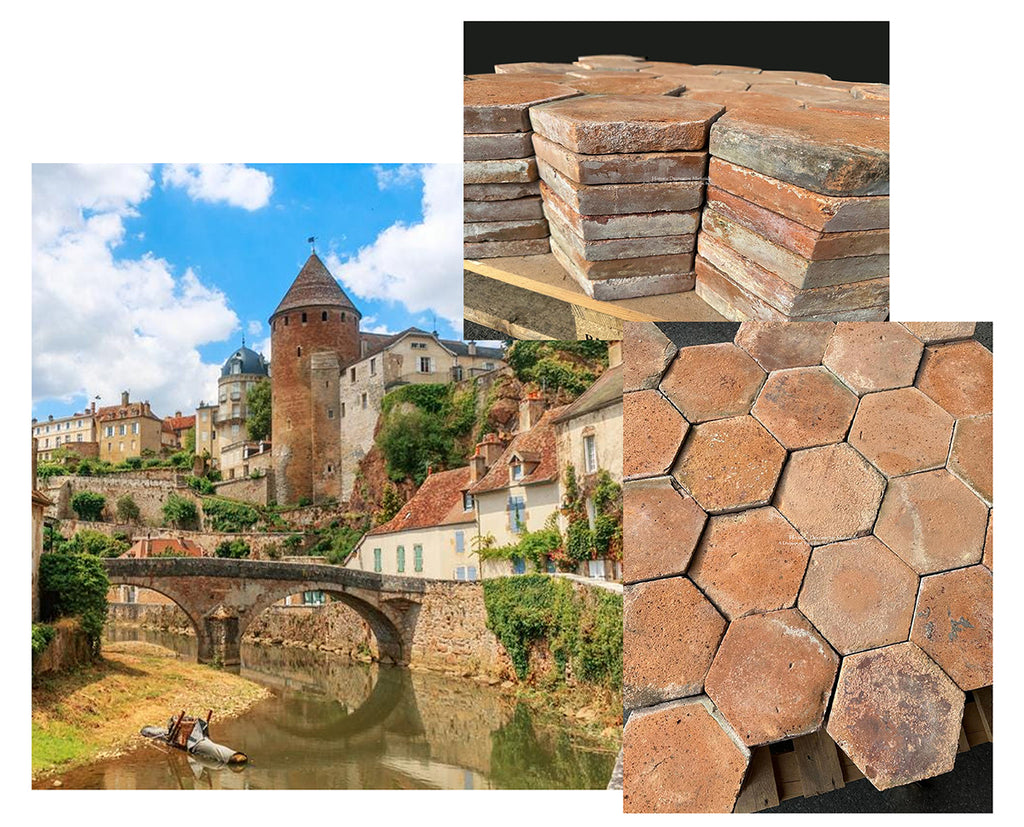 Antique French terra cotta tiles that are French reclaimed hexagon terra cotta tiles for farmhouse interiors, cottage interiors, shaker interiors, grand millennial interiors and English Georgian interiors.,