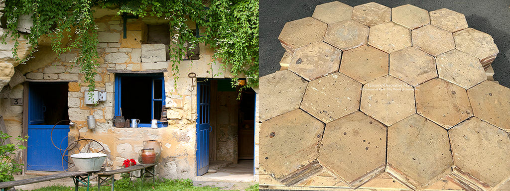 Antique French terra cotta tiles that are French reclaimed hexagon terra cotta tiles for farmhouse interiors, cottage interiors, shaker interiors, grand millennial interiors and English Georgian interiors.