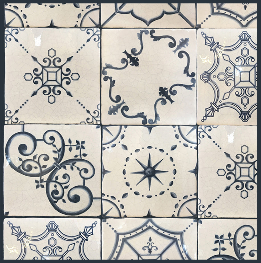 Historic Decorative Hand Painted Blue and White Wall Tile that is for old world, luxury and farmhouse interiors for kitchen backsplash, fireplace surround and bathroom walls.