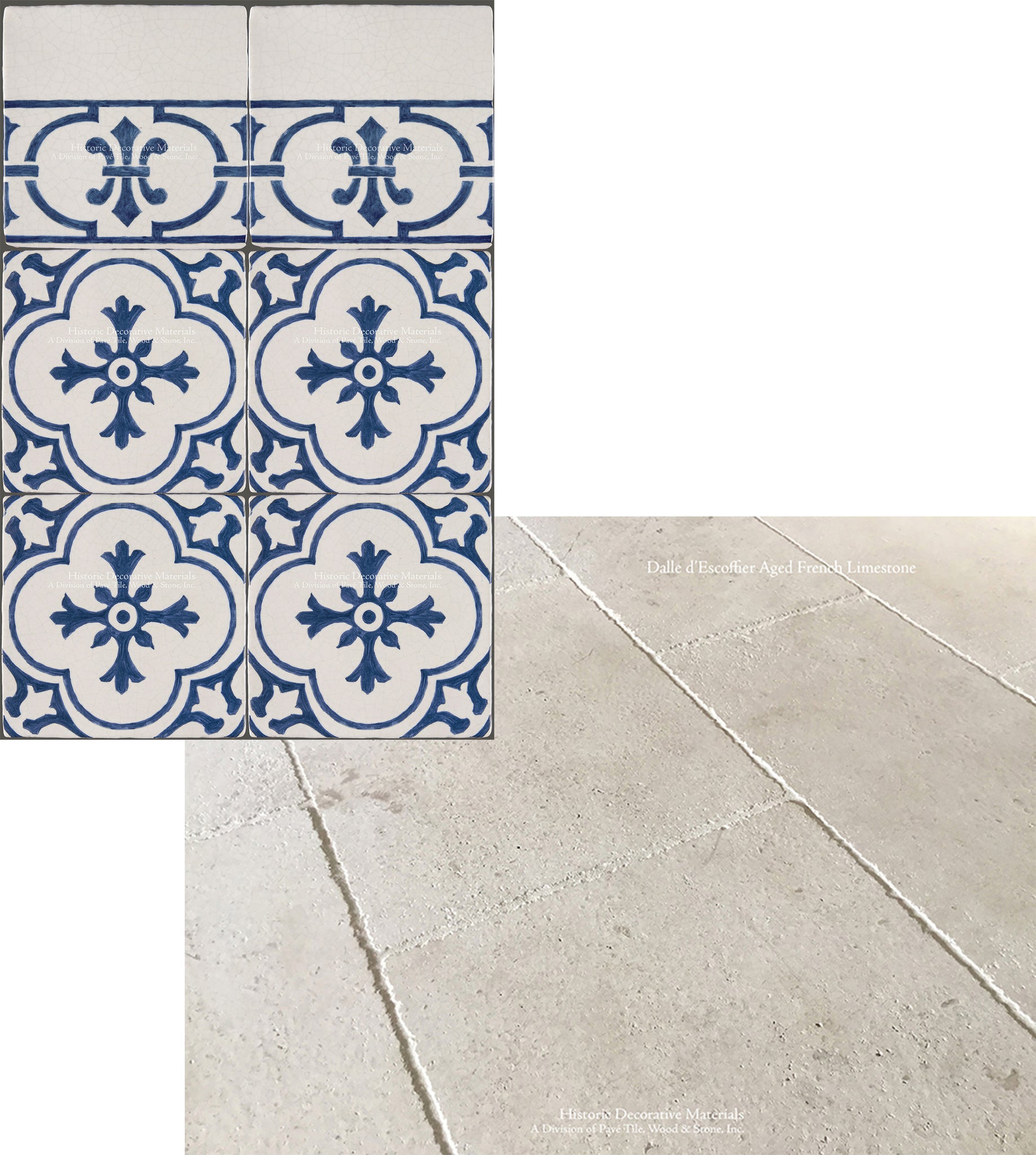 French Limestone Flooring and Decorative Blue and White Kitchen Wall Tiles