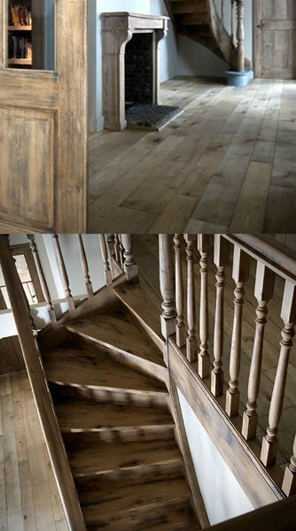 Antique French oak flooring resembles antiqued French oak flooring that is perfect for English country homes, French and Belgian farmhouse interiors, cottage style for kitchen floors, entry ways.