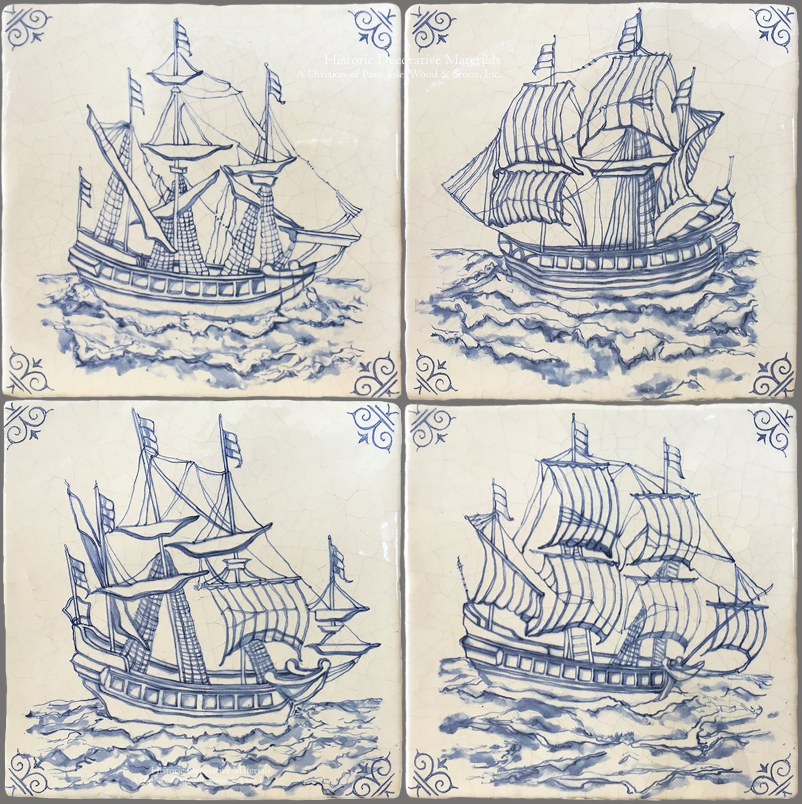 Dutch blue antique hand painted Delft Tile Ships are for the kitchen backsplash, fireplace surround and bathrooms that interior designers choose for historic, old world interior designs